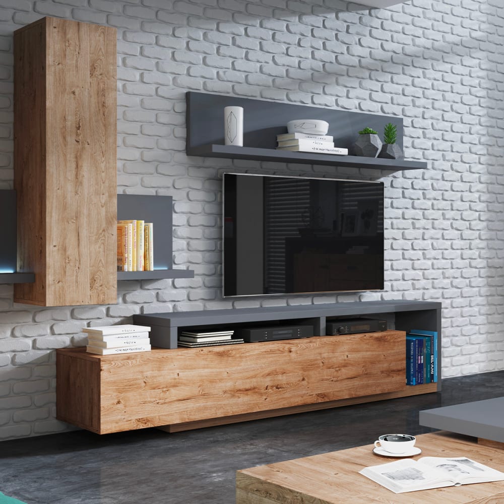 Meuble tv 1 tiroir 219 cm panneaux agglomérés gris - Maisons du Monde