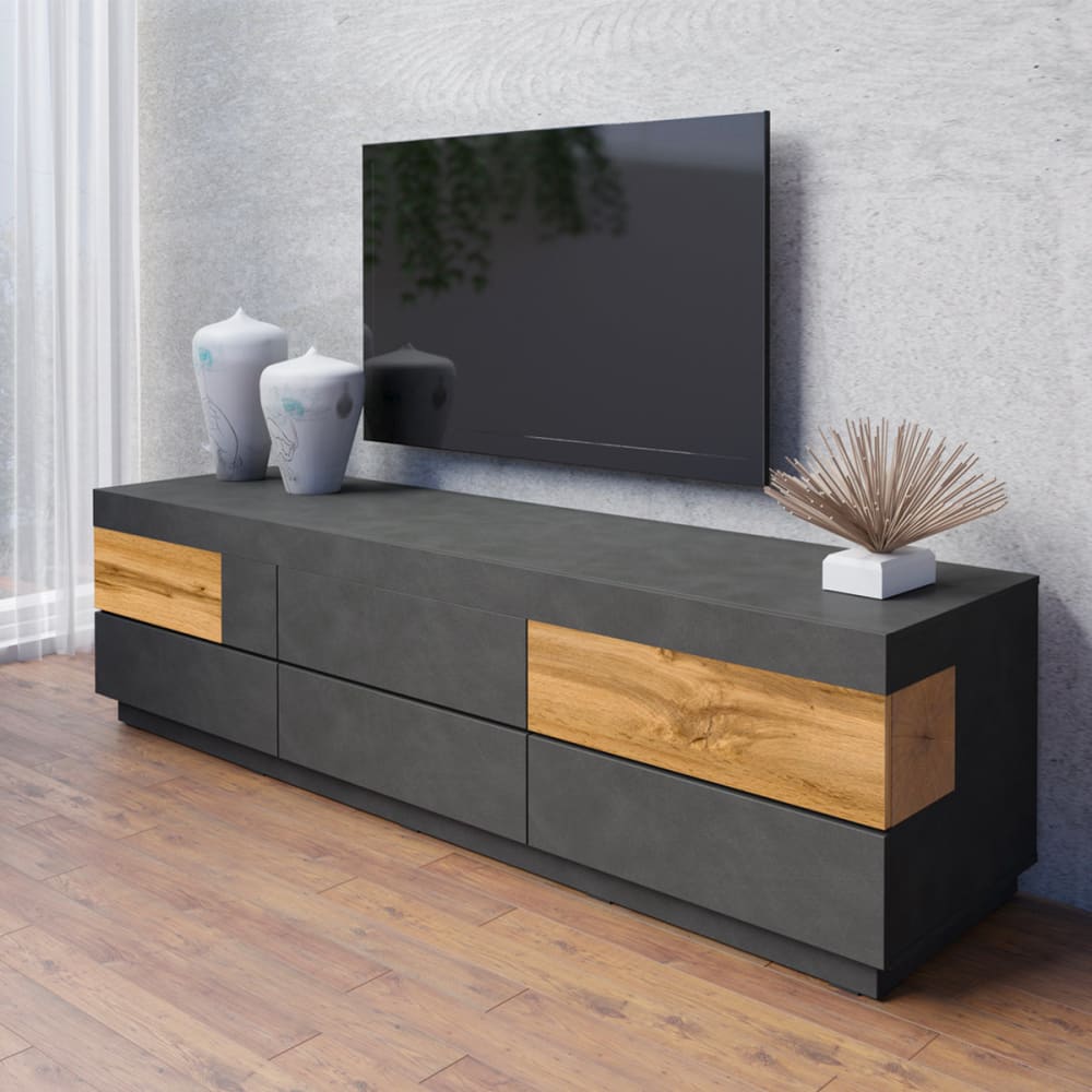 Meuble tv 6 tiroirs 206 cm panneaux agglomérés gris - Maisons du Monde