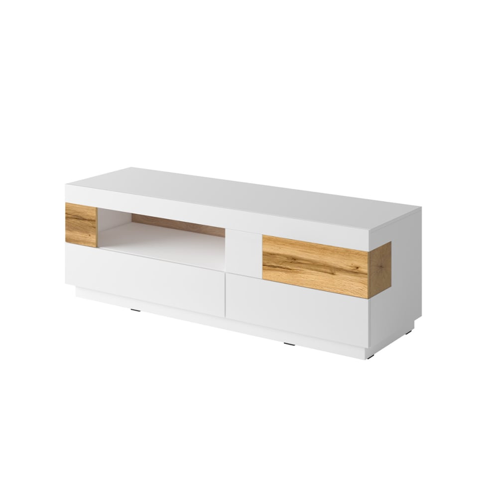 Meuble TV 1 porte 2 tiroirs stratifiés blanc et beige