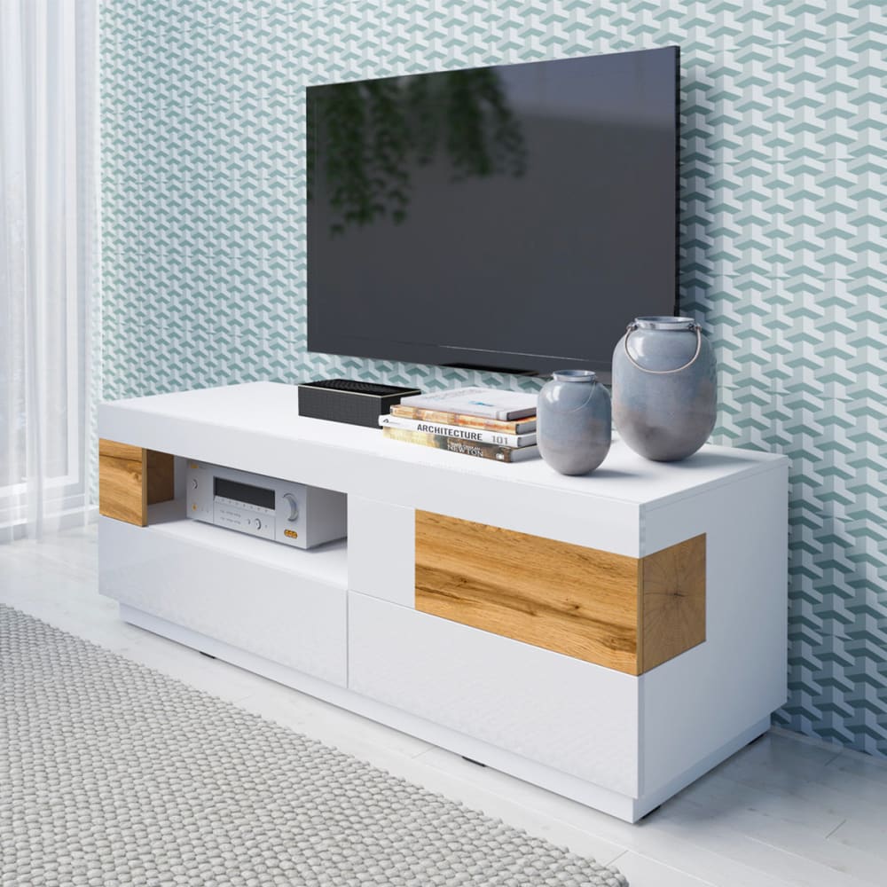 Meuble tv 1 porte 2 tiroirs 160 cm panneaux agglomérés blanc - Maisons du Monde