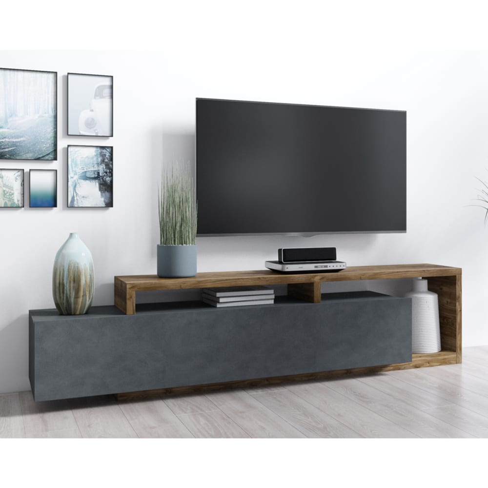 Meuble tv 1 tiroir 219 cm panneaux agglomérés gris - Maisons du Monde