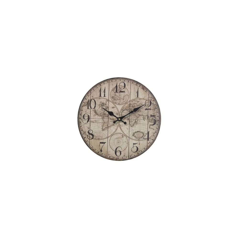 WADIGA Horloge murale ronde en bois motif monde. Dimensions: diamètre 34cm x largeur 4cm Couleur: Beige Matière: Bois mdf Pile: 1x AA (non fournie)