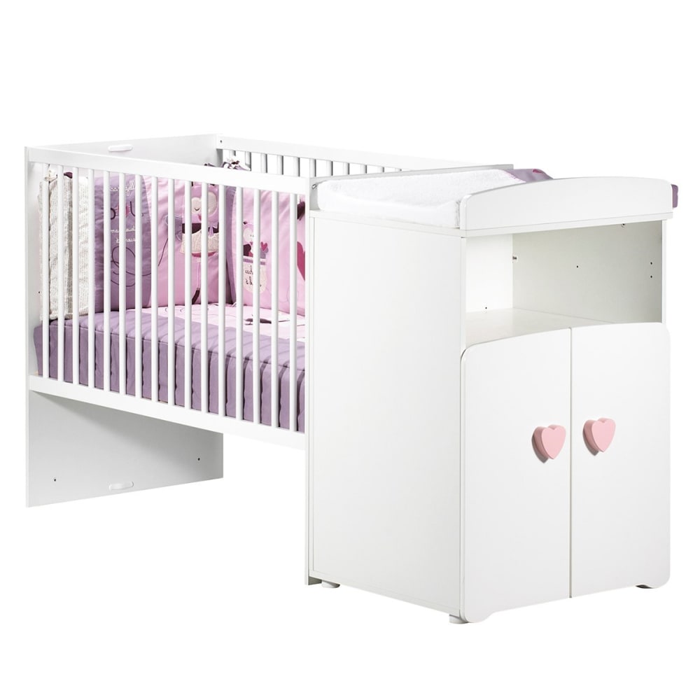 Lit+bebe+combine+evolutif+New+Basic+Boutons+coeur+roses+(60+x+120+cm)