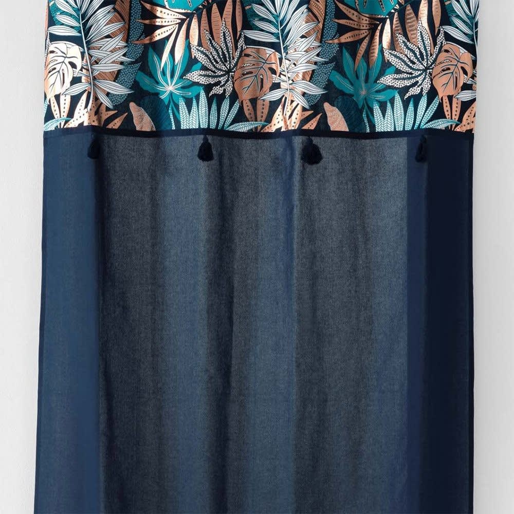 Rideau uni top métallisé pompons bleu coton 140x240cm - Maisons du Monde