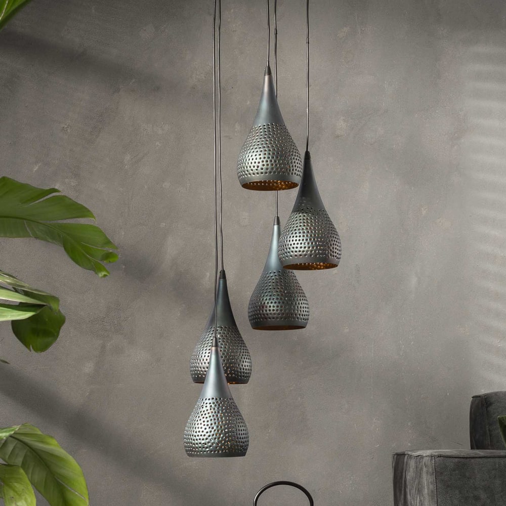 Suspension 5 lampes forme gouttes 15 cm en métal noir et bronze