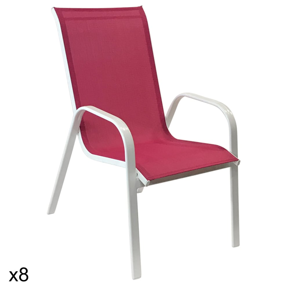 Lot de 8 chaises en textilène rose et aluminium blanc