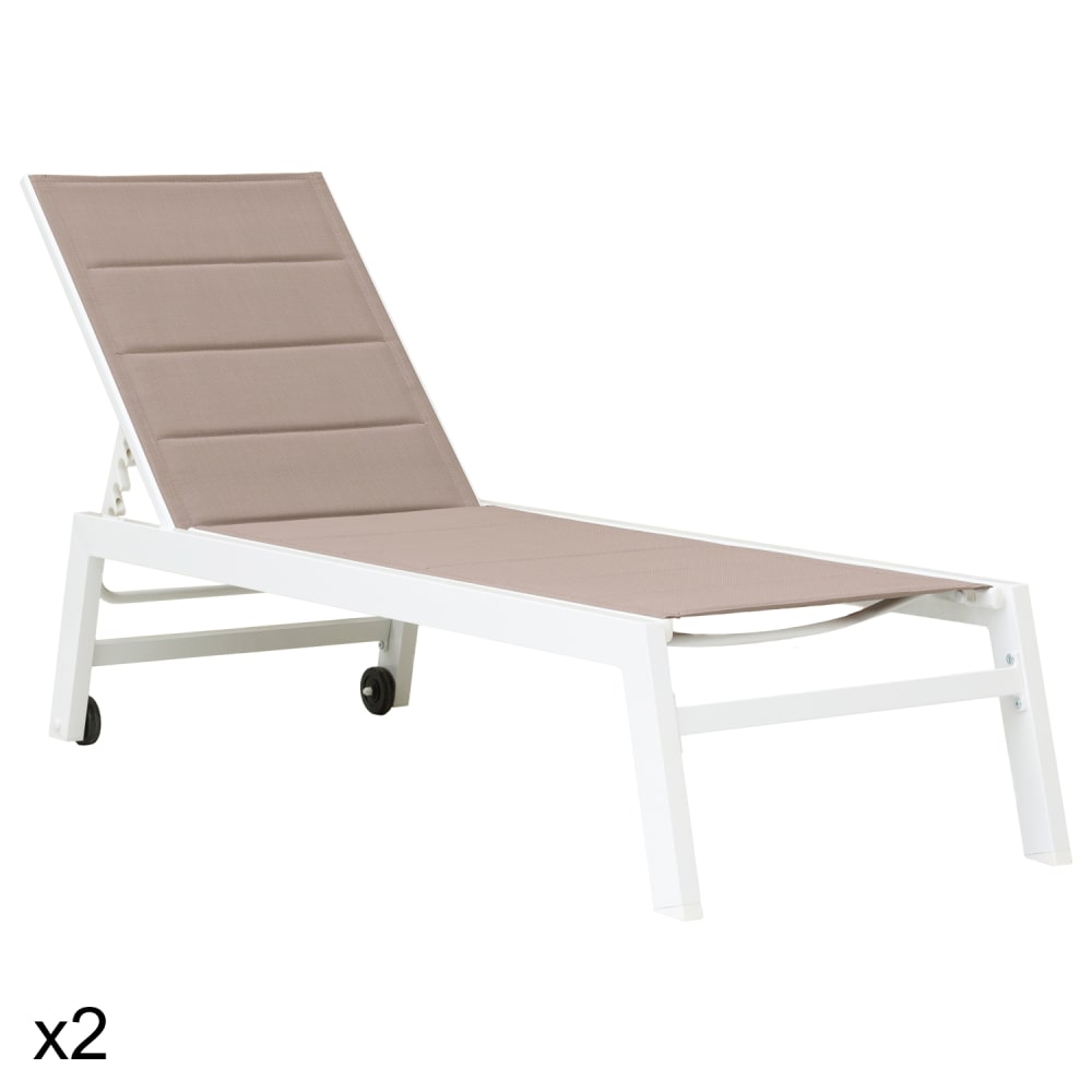 Lot de 2 transats en aluminium blanc et textilène taupe