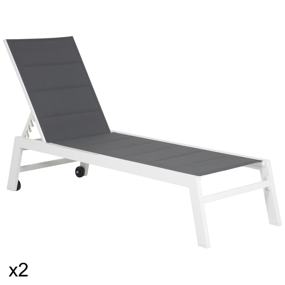 Lot de 2 transats en aluminium blanc et textilène gris