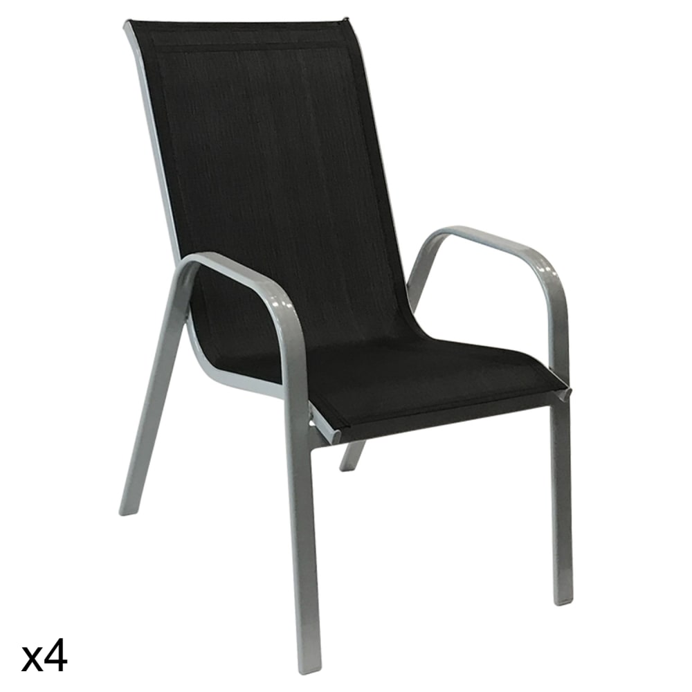Lot de 4 chaises en textilène noir et aluminium gris