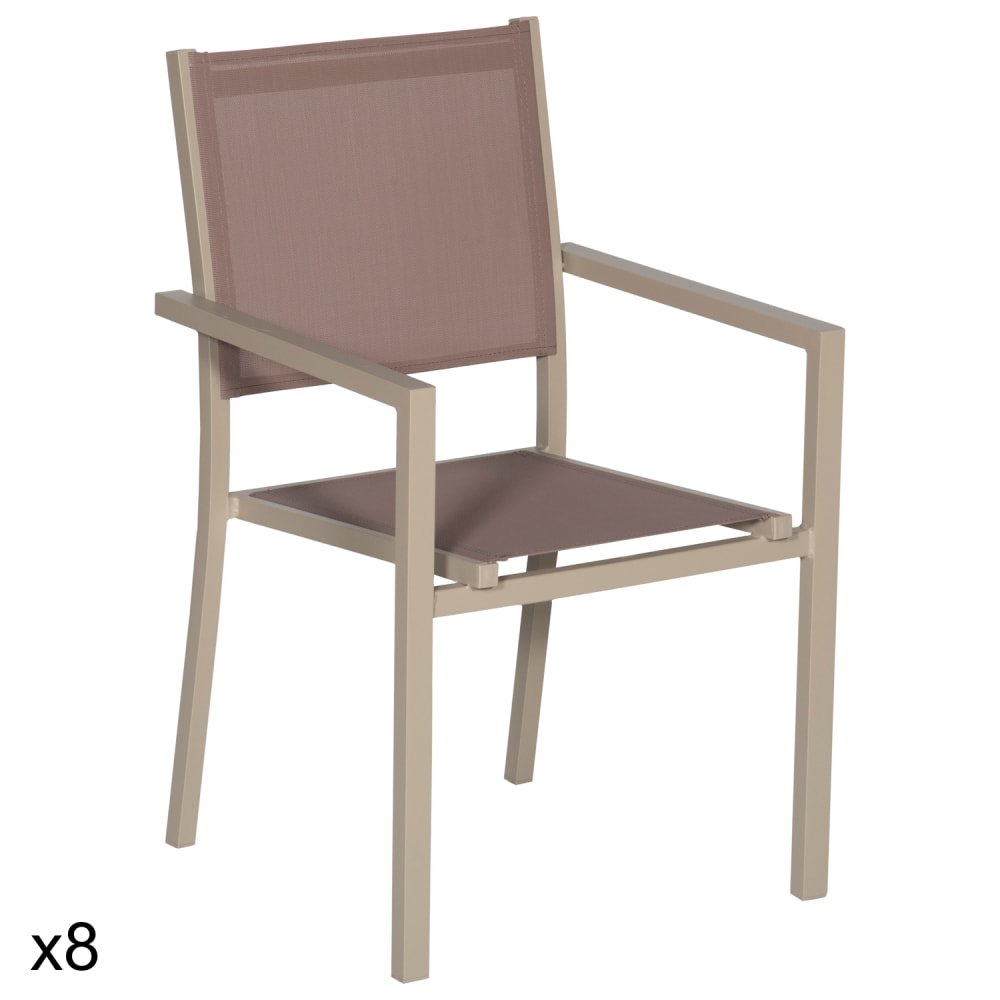 Lot de 8 chaises en aluminium taupe et textilène taupe