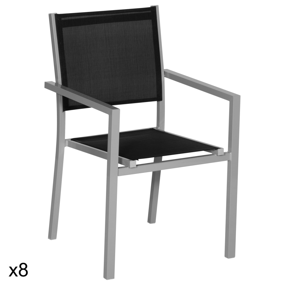 Lot de 8 chaises en aluminium gris et textilène noir