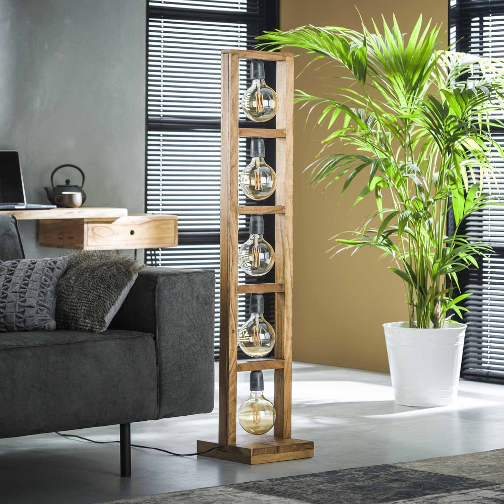 Lampadaire 5 lampes 28x28x135 cm en métal et acacia naturel