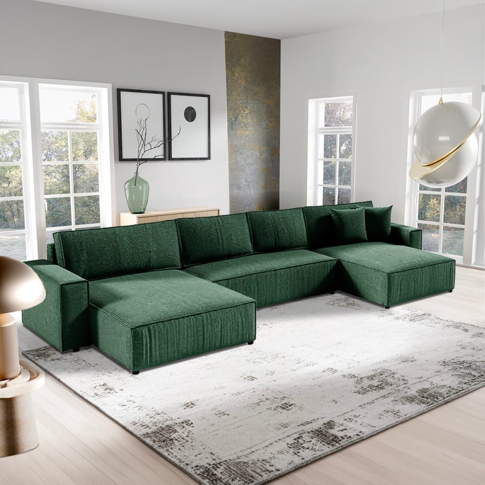 Petits meubles U-Sofa 5-sitzig umbaubar Truhe Cord Spanplatten Tannengrün - Samt