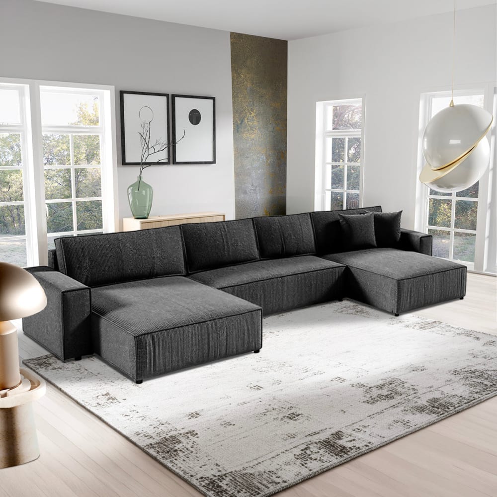 Petits meubles U-Sofa 5-sitzig umbaubar Truhe Cord Spanplatten Dunkelgrau - Samt