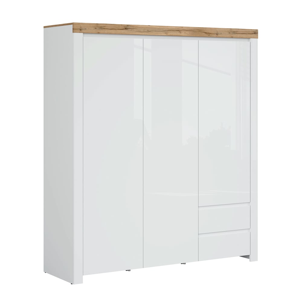 Armoire 3 portes 2 tiroirs stratifiés blanc et bois