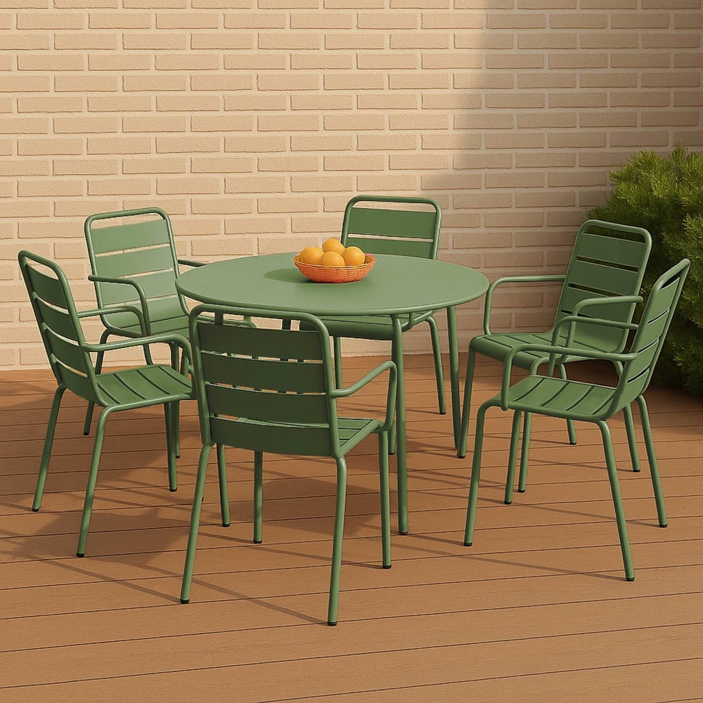 Ensemble table de jardin ronde et 6 fauteuils acier vert cactus