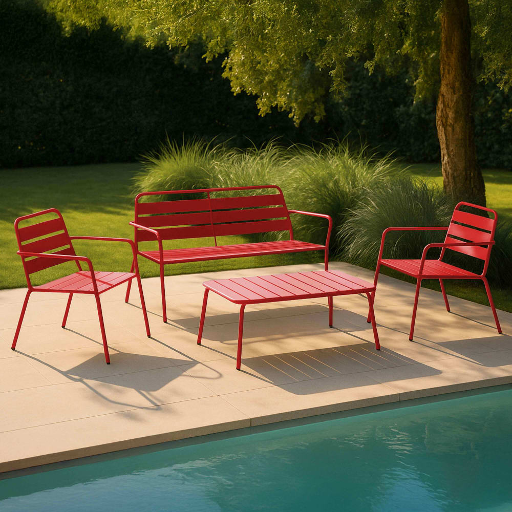 Salon de jardin 4 places et 1 table basse en acier rouge
