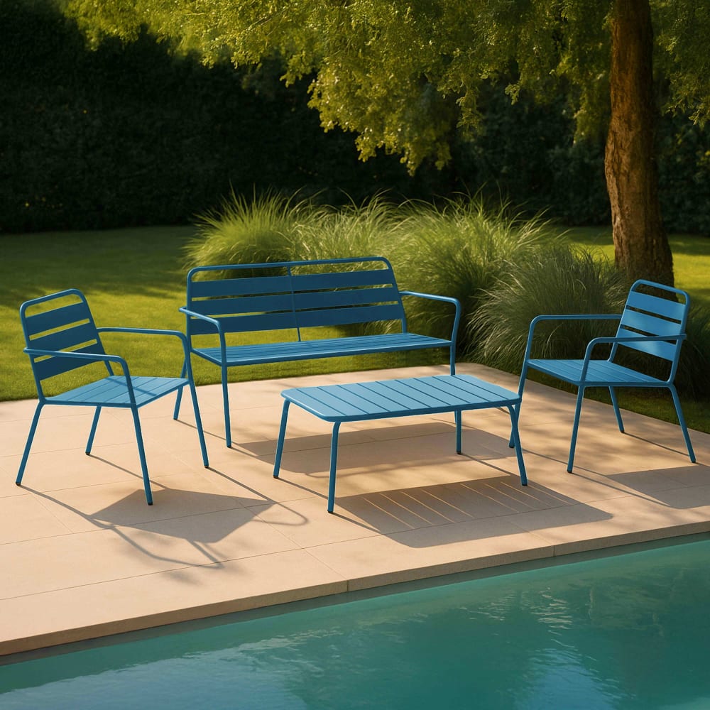 Salon de jardin 4 places et 1 table basse en acier bleu pacific