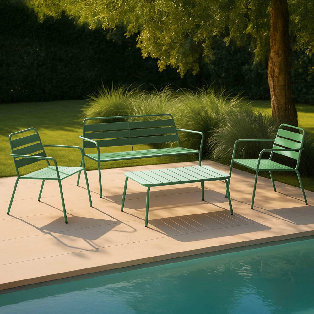 Salon de jardin 4 places et 1 table basse en acier vert cactus