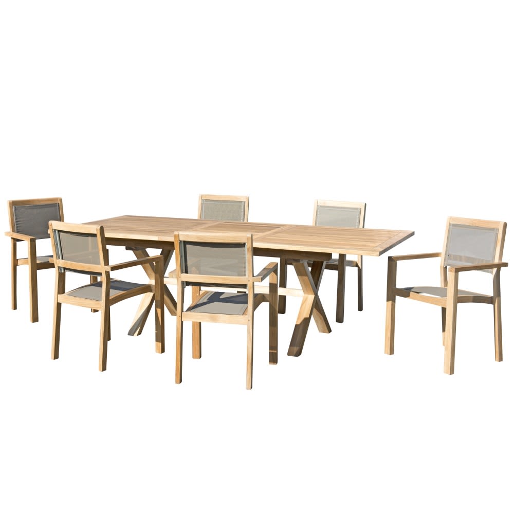 Table de jardin et chaises en teck et textilene 8/10 personnes