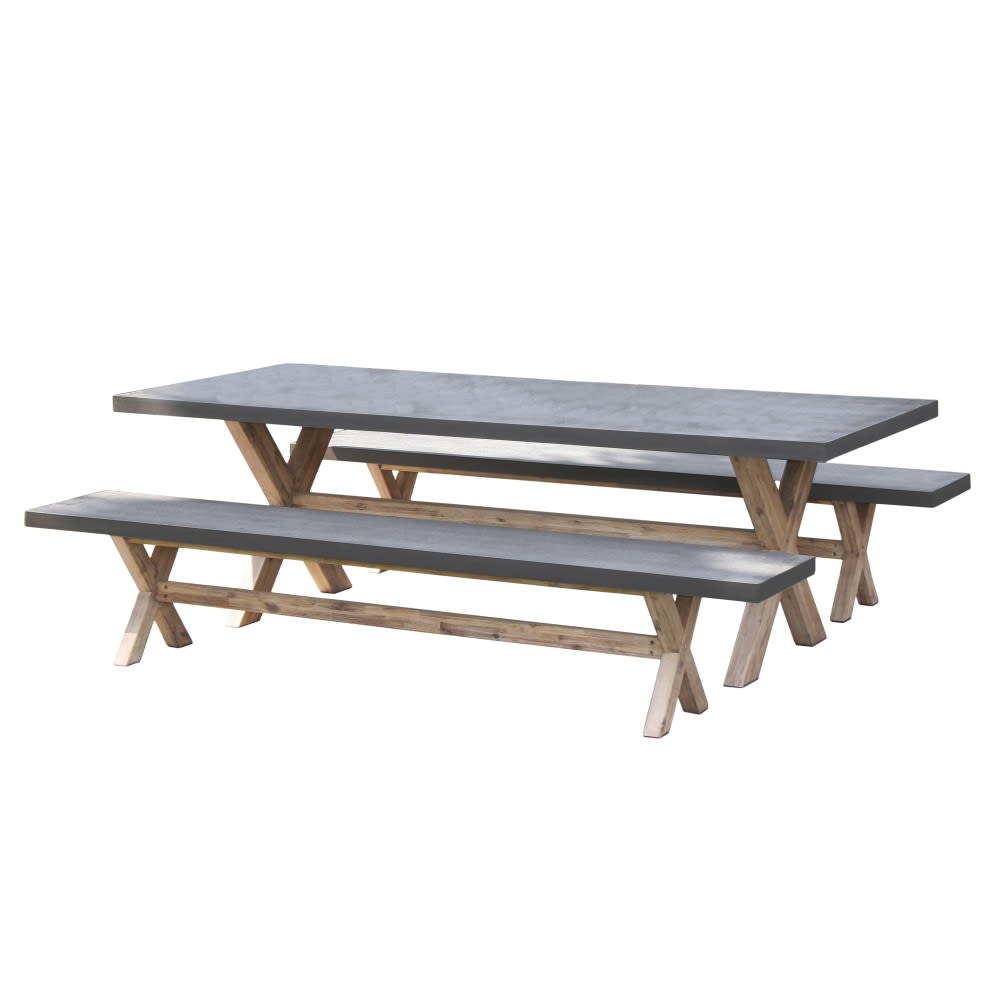 Table de jardin et chaises en fibre de beton et acacia 8 personnes