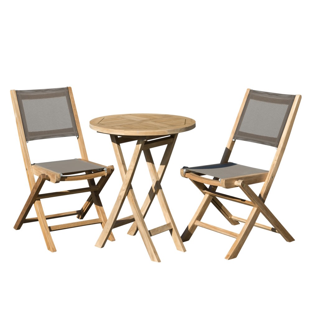 MACABANE Table de jardin et chaises en teck et textilene 2 personnes
