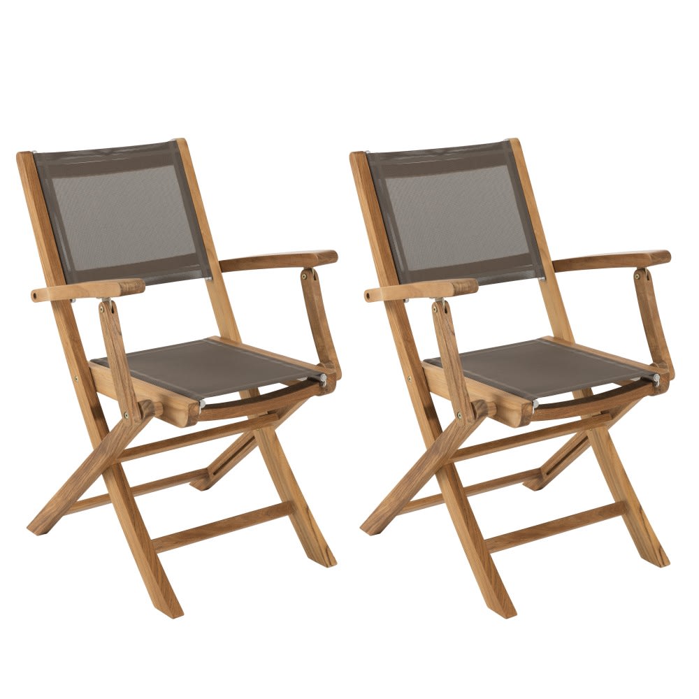 Juego de 2 sillones de jardín plegables teca y textileno topo
