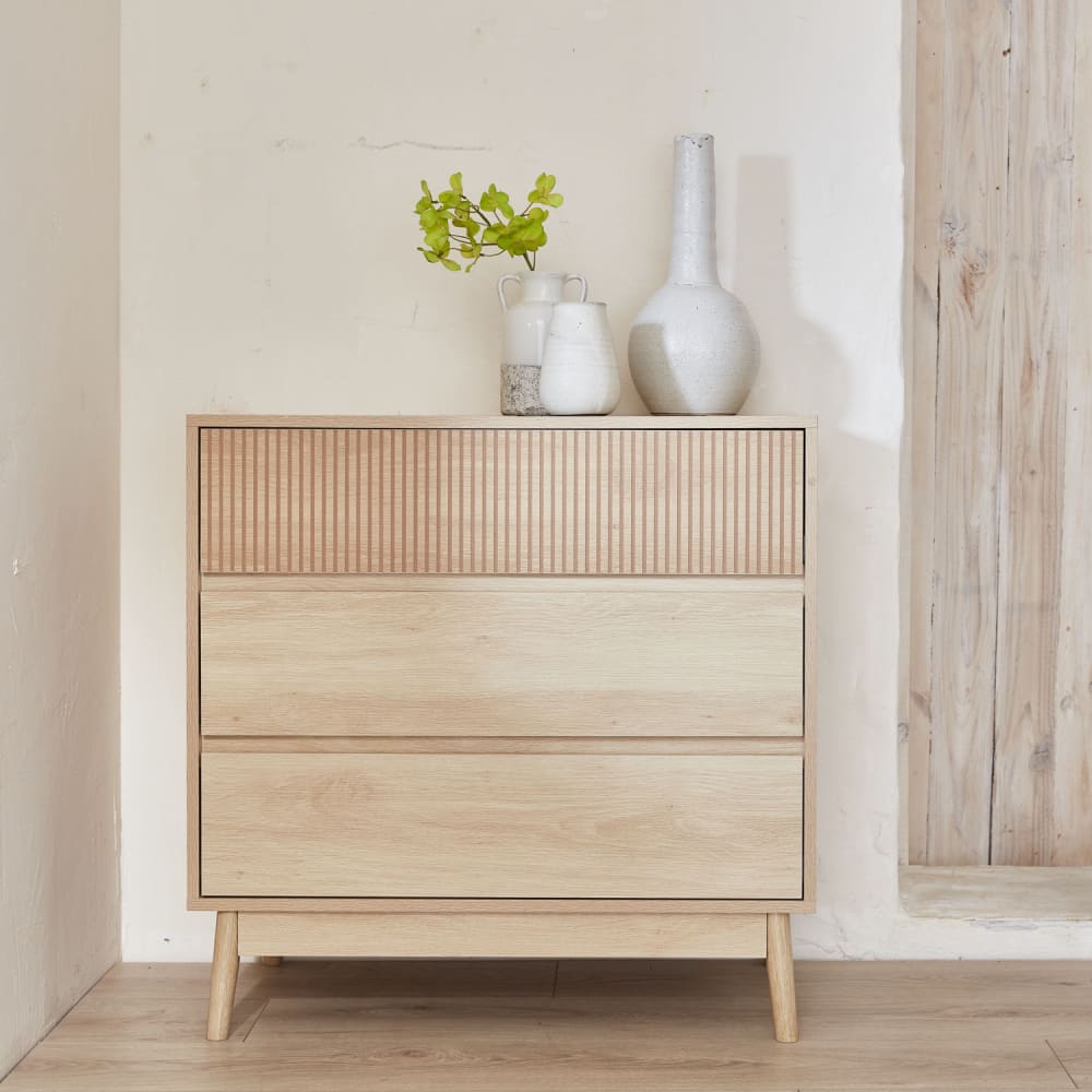 sweeek Sideboard - Holzdekor, 3 Schubladen - Linear style modern Beige Spanplatte
