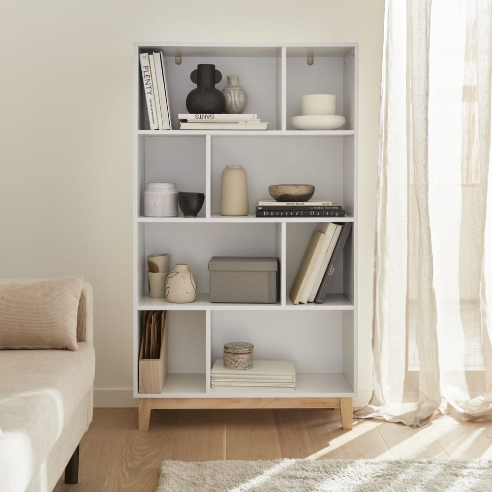 Biblioteca con patas de madera de 8 compartimentos, blanco