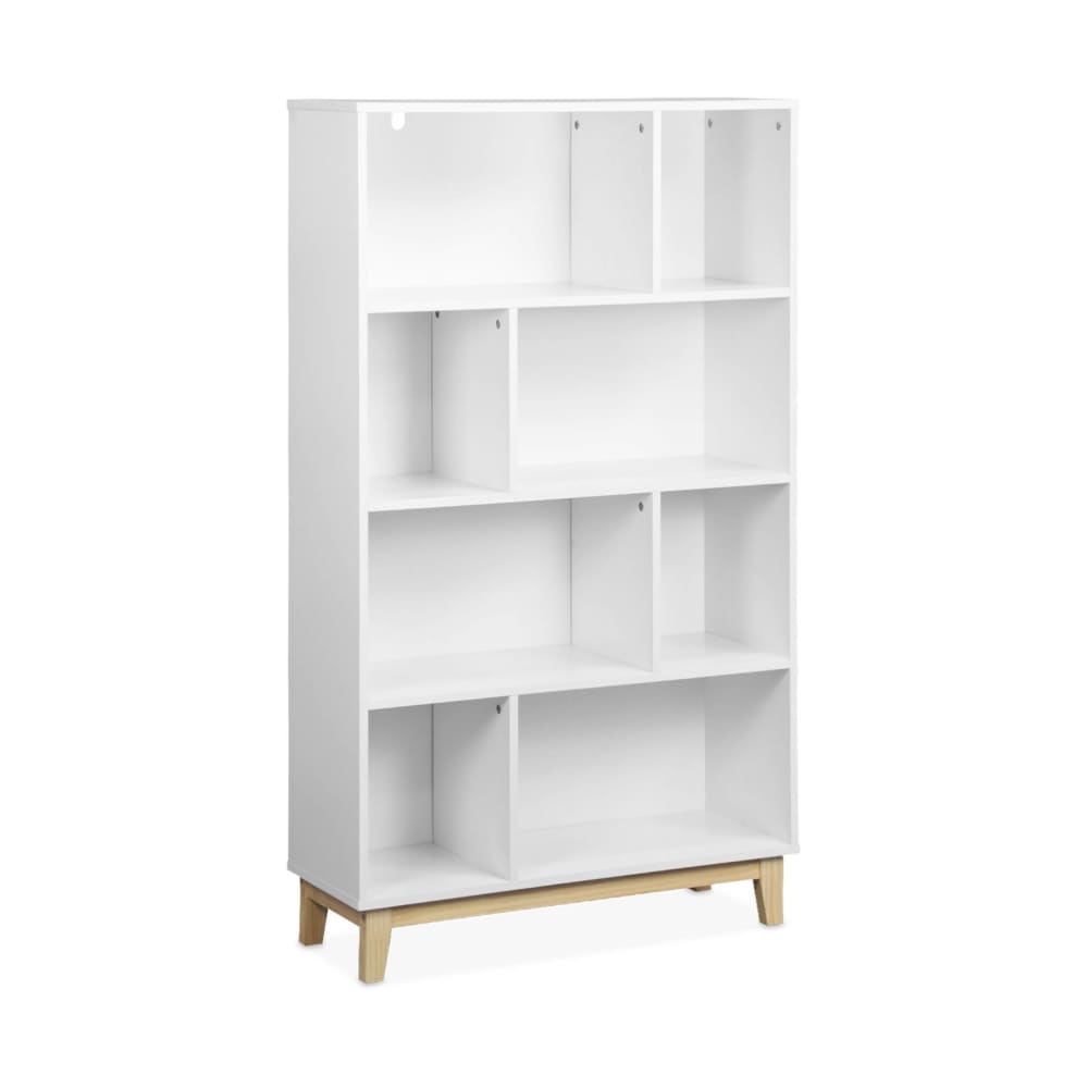 Libreria effetto legno con gambe in legno e 4 ripiani, bianco -