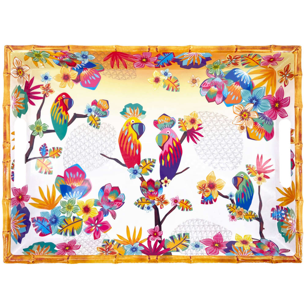 Grand plateau 50 cm en mélamine motif perroquet sur dégradé orange