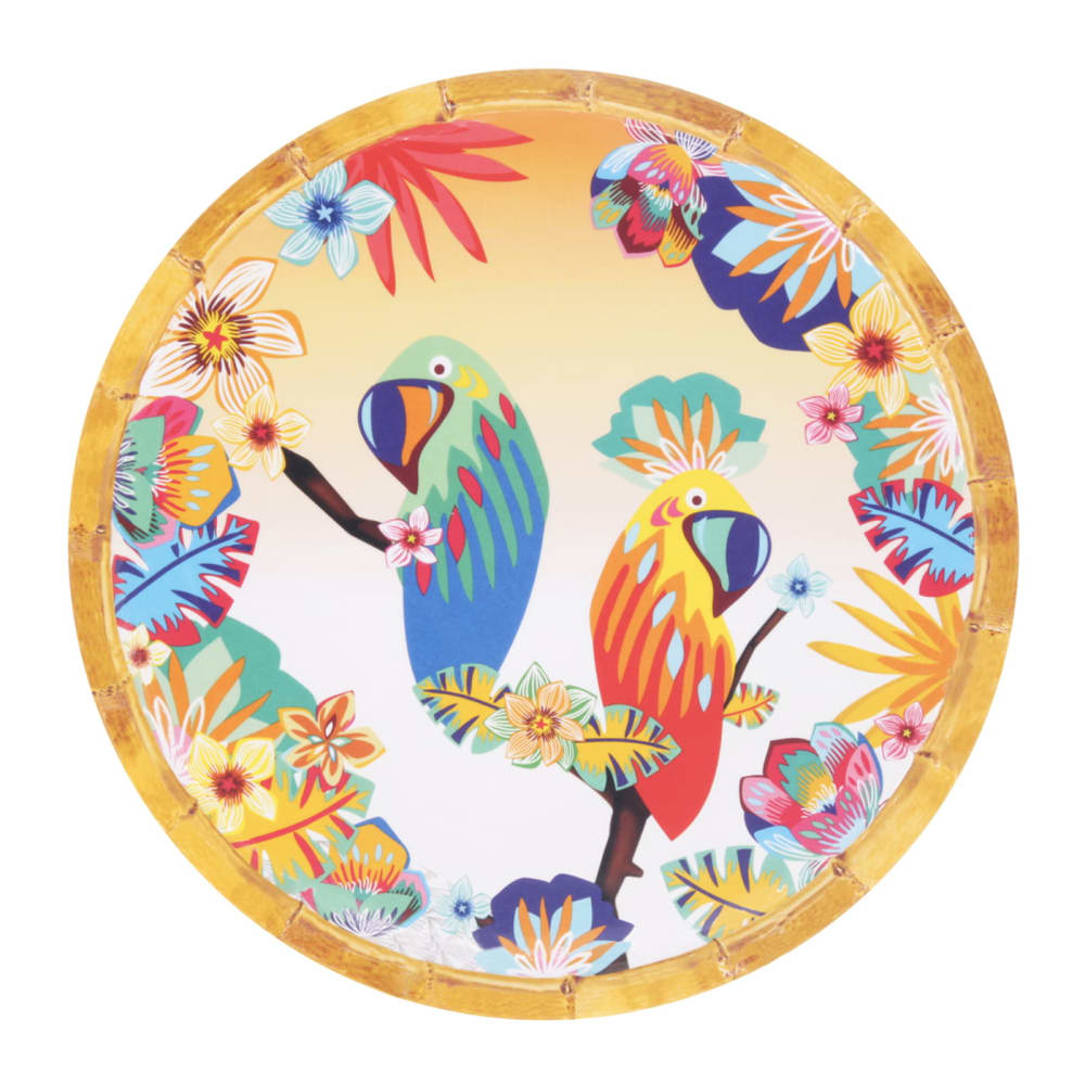 Petite assiette en mélamine motif perroquet sur dégradé orange ø 23 cm