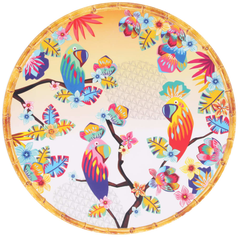 Plat de service rond mélamine perroquet sur dégradé orange 35,5 cm