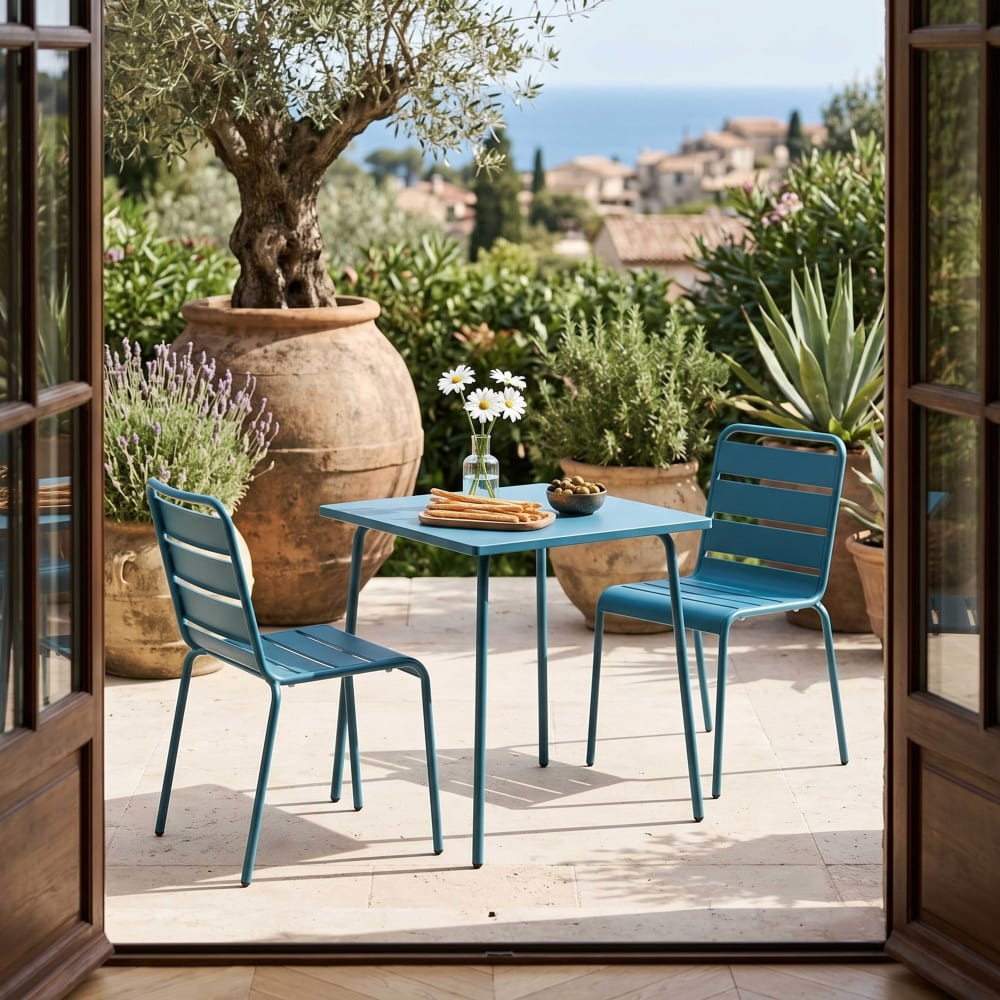 Ensemble table de jardin carrée et 2 chaises acier bleu pacific - Maisons du Monde