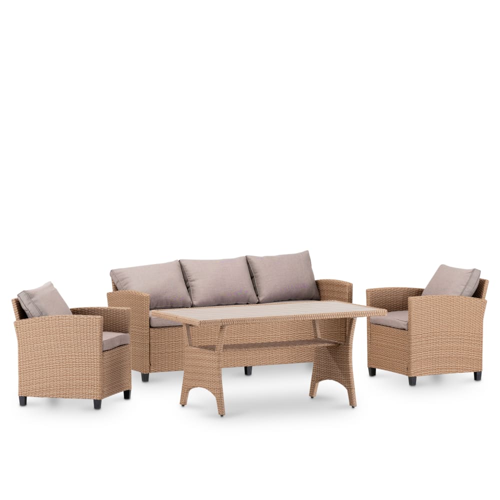 Conjunto de 1 sofás, 2 sillones + mesa alta en ratán sintético