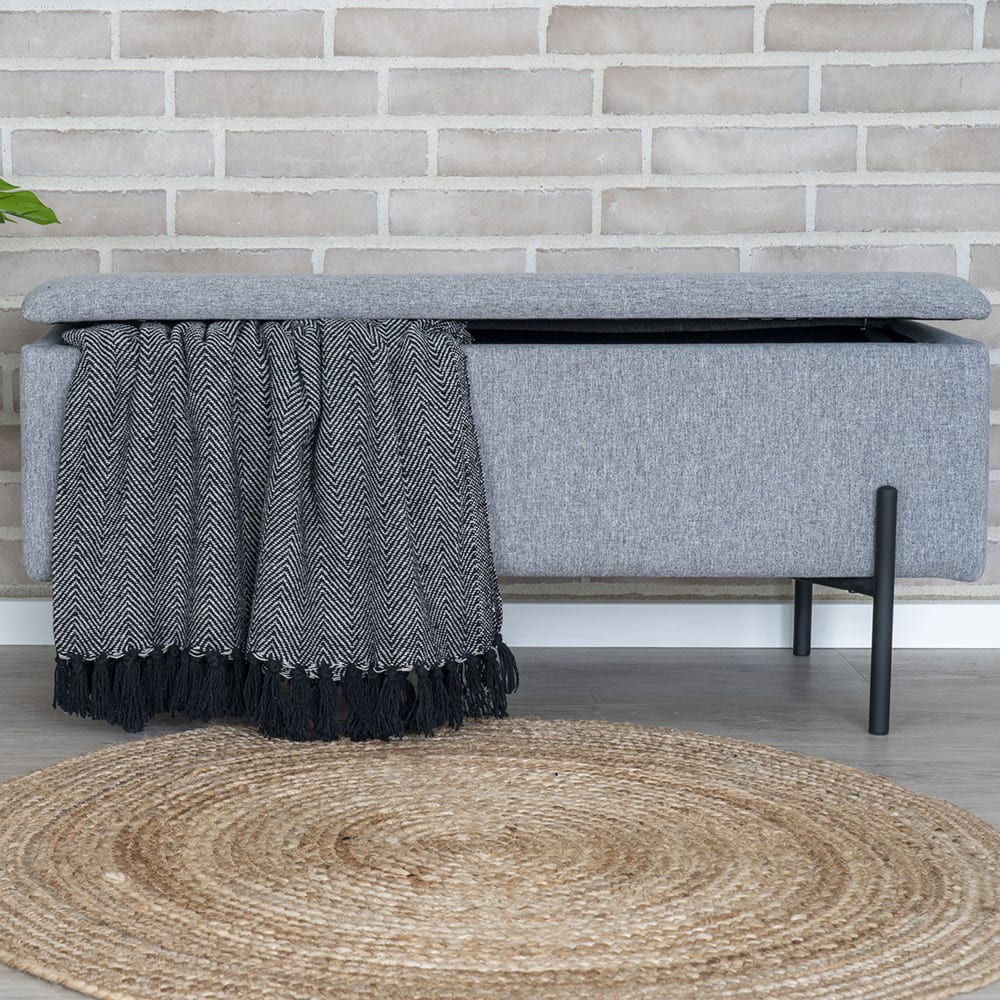 Banc avec coffre de rangement en tissu et métal - Gris clair