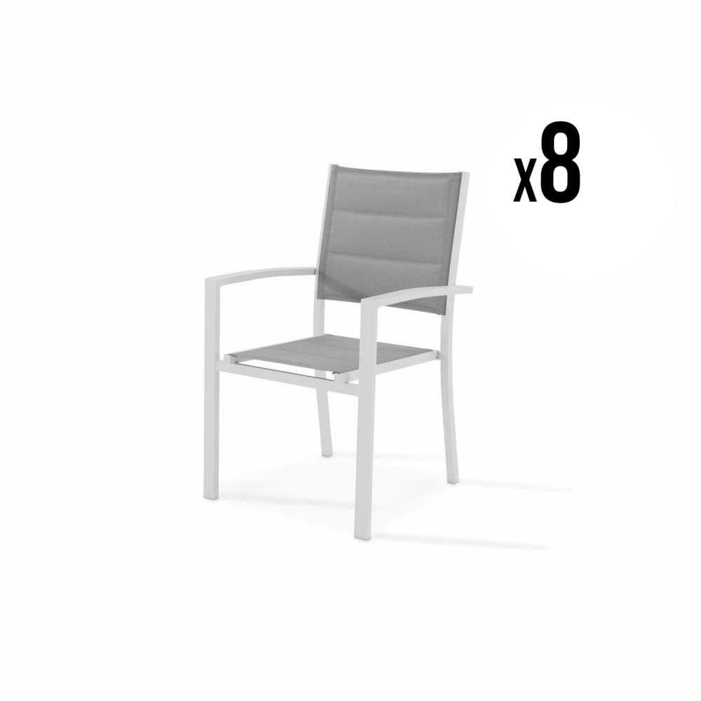 Pack de 8 sillas apilables aluminio blanco y textileno acolchado gris