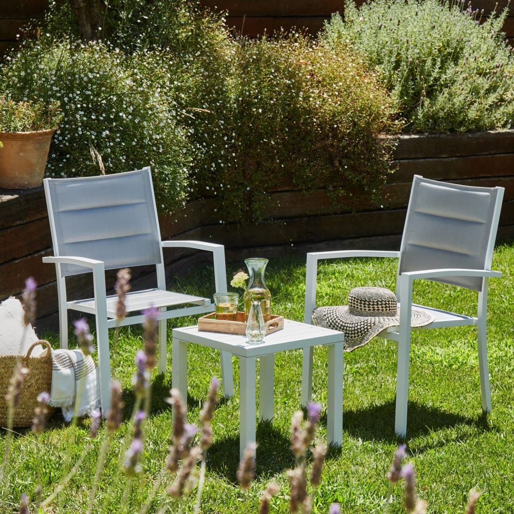 Pack de 8 sillas apilables aluminio blanco y textileno acolchado gris - Maisons du Monde