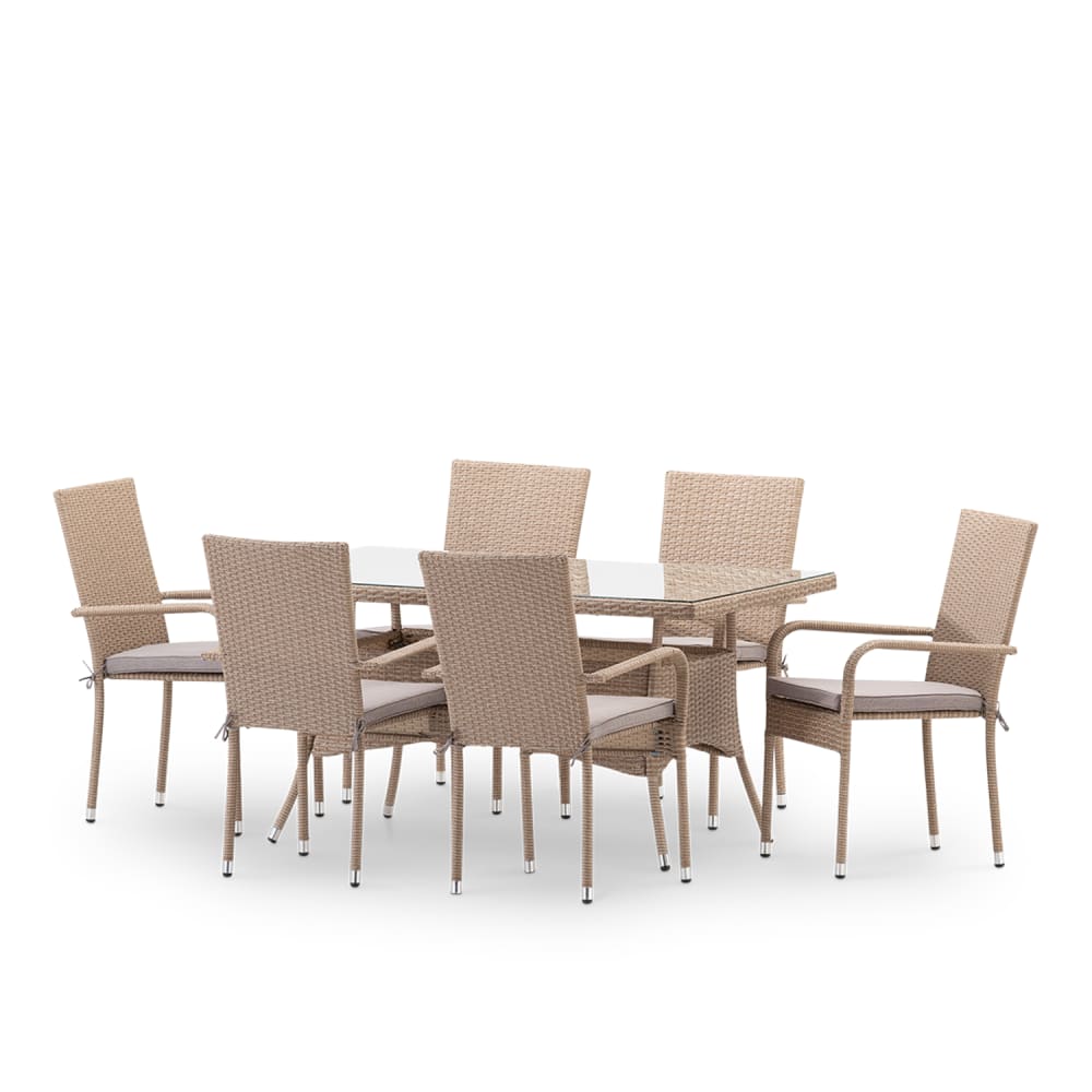 Ensemble en rotin synthétique et table en acier + 6 fauteuils