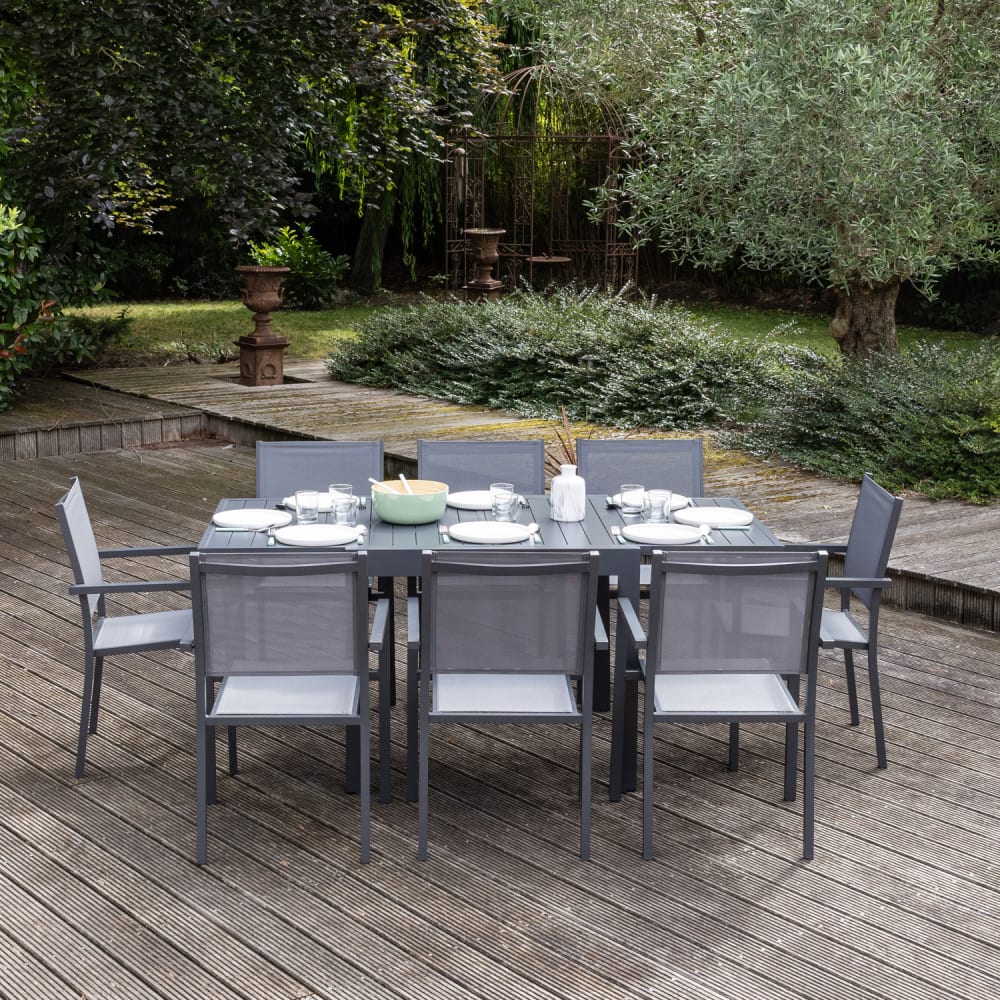 Salon de jardin table 90/180cm aluminium anthracite et gris