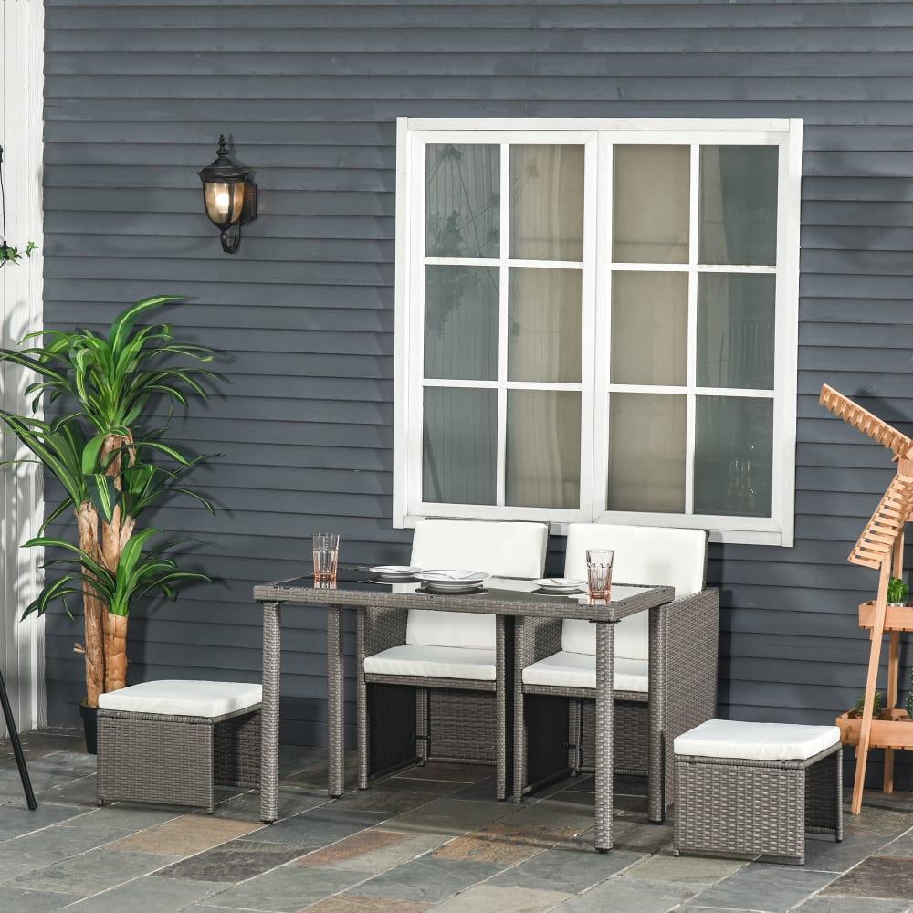 Salon de jardin encastrable 2 fauteuils 2 tabourets table basse gris