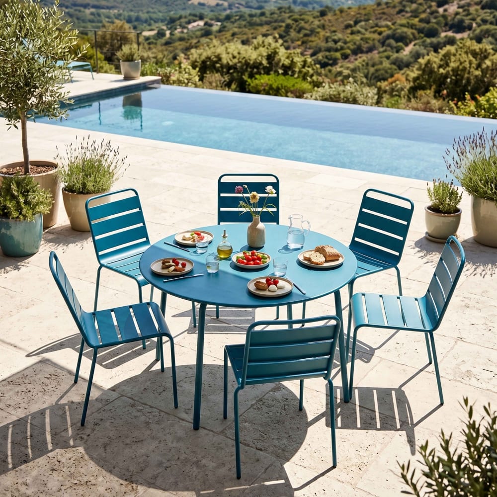 Ensemble table de jardin ronde et 6 chaises en métal bleu pacific - Maisons du Monde