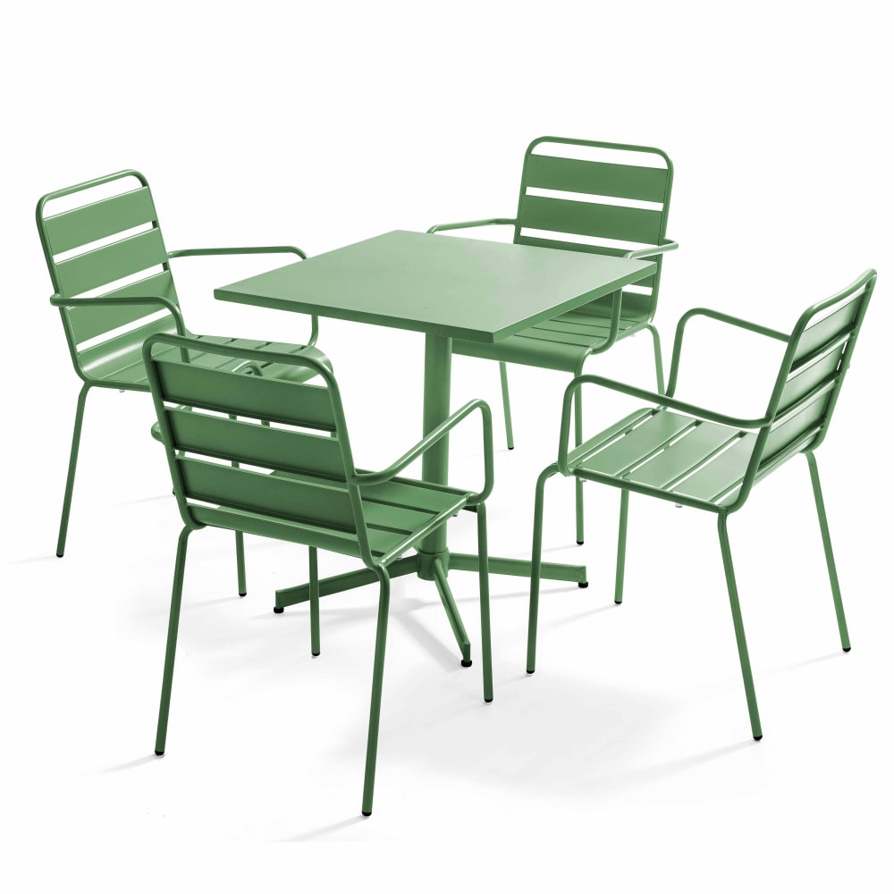 Ensemble table de jardin et 4 fauteuils en métal vert cactus