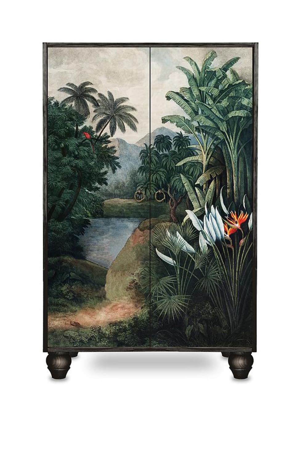 Armario aparador de MDF estampado tropical sobre fondo negro