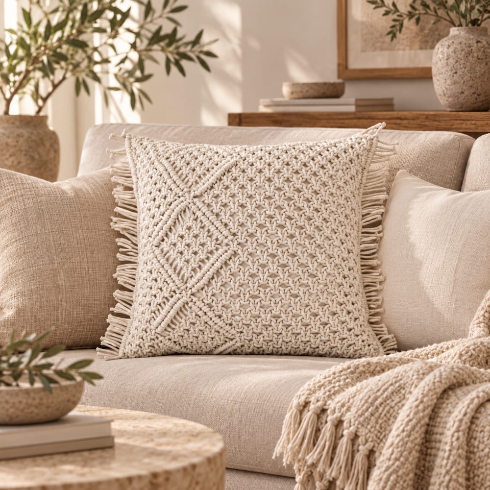 Cojín de algodón macramé y flecos beige 45x45