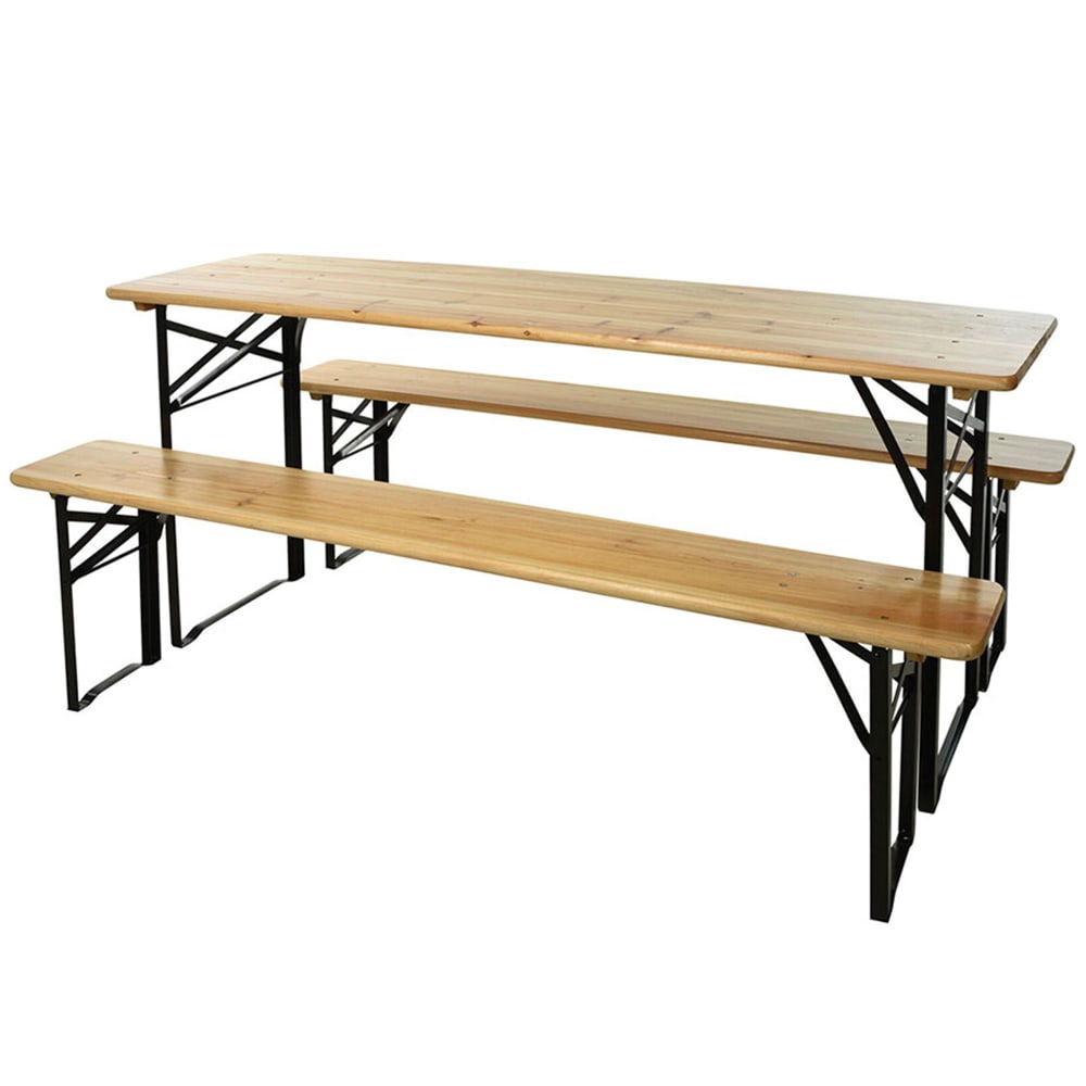 Wadiga Mobilier réception pliable table + 2 bancs en métal noir et bois Marron