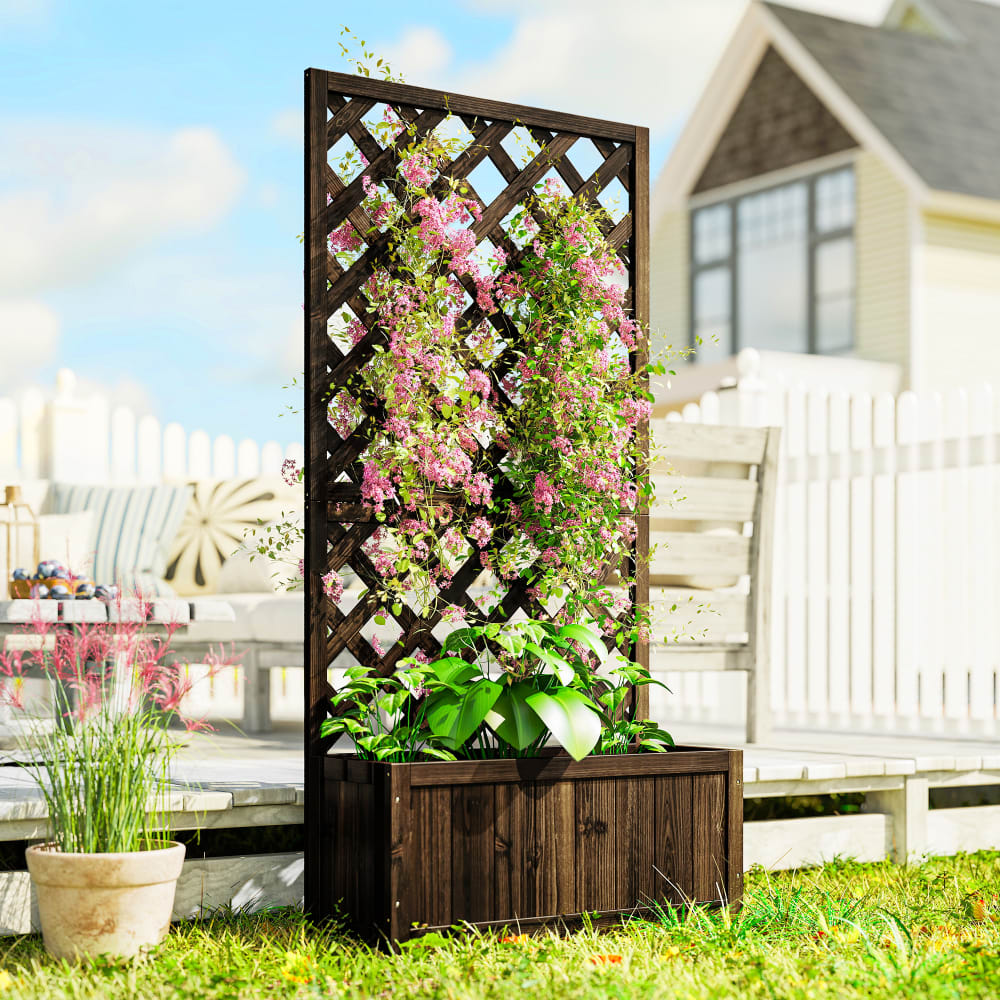 Jardinière avec treillis bois sapin traité carbonisation