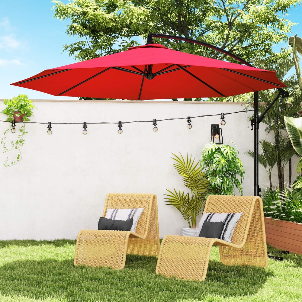 Parasol déporté inclinable manivelle avec pied en acier bordeaux