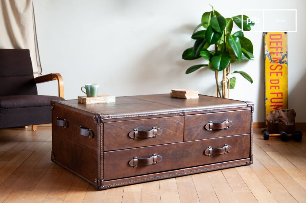PIB Table basse en cuir pleine fleur marron Marron Cuir - 113x44x79cm