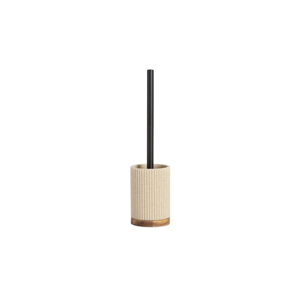 Brosse WC en polyrésine beige et acacia 9,5x9,5x39,5cm